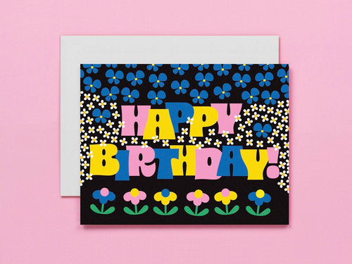 Birthday Garden • Typographic Retro Flowers Birthday Card: Full