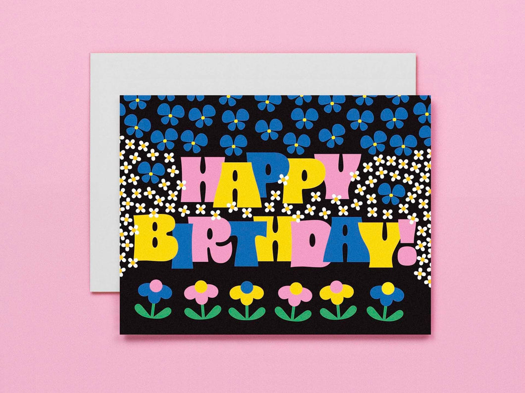 Birthday Garden • Typographic Retro Flowers Birthday Card: Full
