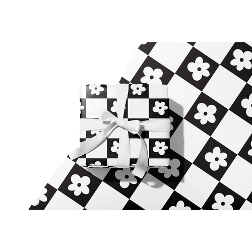 Retro Checker Daisy Gift Wrap--Black