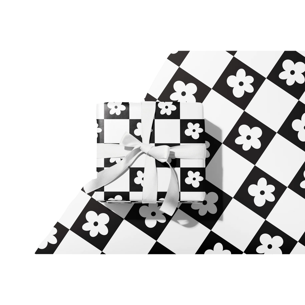 Retro Checker Daisy Gift Wrap--Black