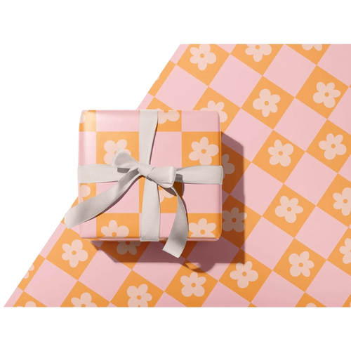 Retro Checker Daisy Gift Wrap--Pink & Orange