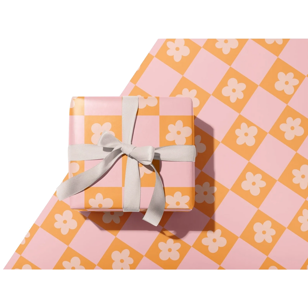 Retro Checker Daisy Gift Wrap--Pink & Orange