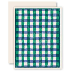 Blue Woodcut Gingham Card