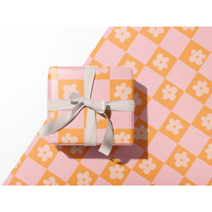Retro Checker Daisy Gift Wrap--Pink & Orange